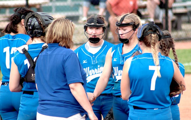 Buckeye Trail High coach Staci Smith talks to her infield during Friday's 10-0 loss to Cardington-Lincoln in the OHSAA Division II State Tournament semifinals at Firestone Stadium in Akron.
