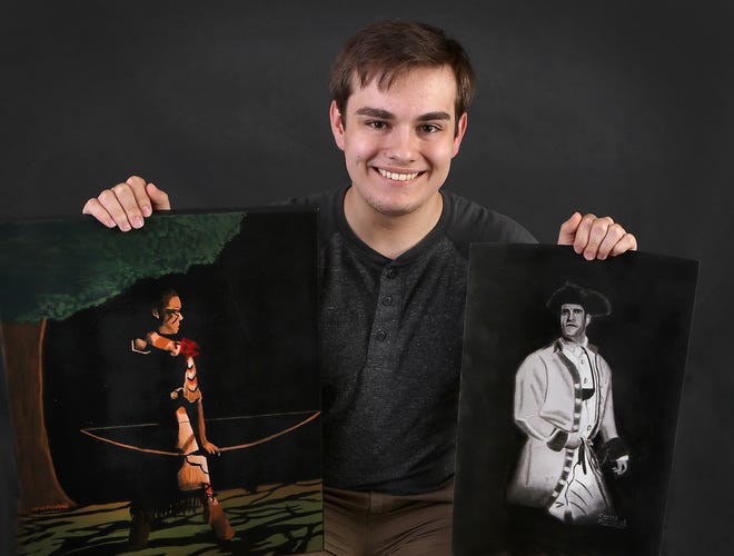 Corey Mansfield with some of his artwork. Mansfield plans to attend Anderson University this fall. [JOHN CLARK/THE GASTON GAZETTE]