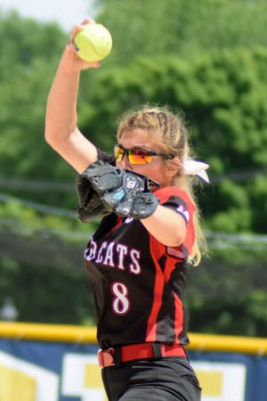 North Fulton pitcher Jessica Young fires a pitch during Saturday afternoonþÄôs Class 1A Super-Sectional game against Orangeville. [BILL NICE/The Register-Mail]