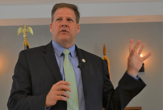 Gov. Chris Sununu talks about efforts to bolster the state’s economy during remarks Friday to the “State of the Seacoast” breakfast Friday sponsored by the Seacoast Board of Realtors. [Paul Briand photo]