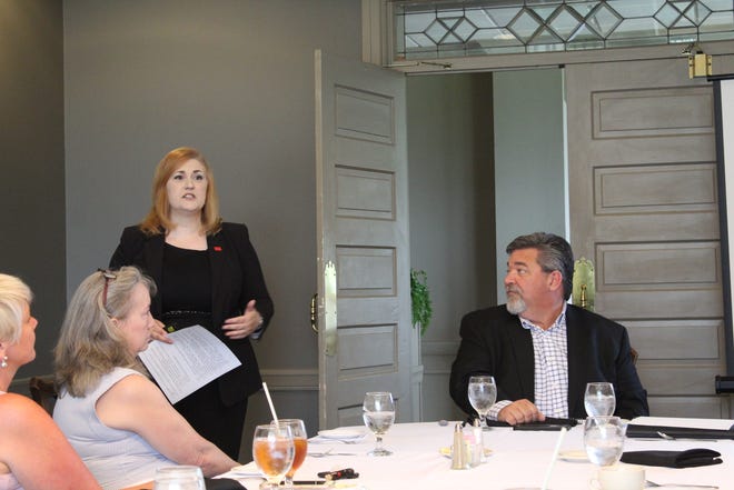 East Alabama Works Director Lisa Morales speaks to the First Friday Women's Forum at the Gadsden Country Club on Friday while former TV anchor Carl Brady watches the discussion. [Benjamin Nunnally/The Gadsden Times]