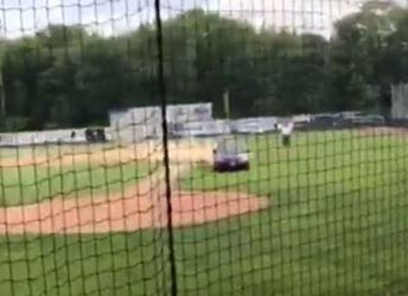 This still image from a video taken by a witness shows the car allegedly driven by Carol Sharrow on the field at a Sanford, Maine, Little League field Friday night. Douglas Parkhurst, 68, of Sanford, was struck by the car and died en route to the hospital. Sharrow was arrested on a charge alleging manslaughter. [Courtesy image]