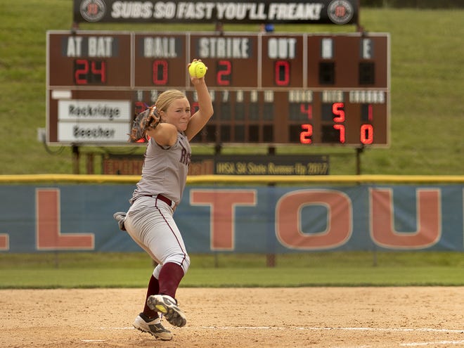 Rockridge's Grace Preston delivers a pitch during the Class 2A Softball State Championship game at the EastSide Centre in East Peoria. The Rockets defeated Beecher 5-2 to win their first state title since 2005. [STEVE DAVIS/WCI Sports]