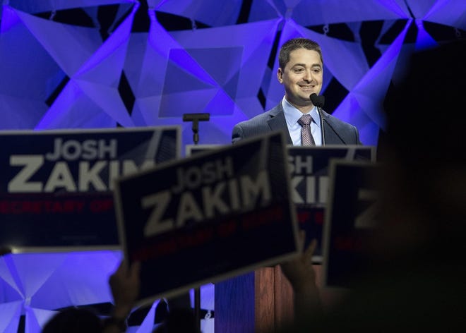 Secretary of State candidate Josh Zakim addresses the delegates during the Massachusetts Party Nominating Convention at the DCU Center on Saturday, June 2, 2018. [T&G Staff/Ashley Green]