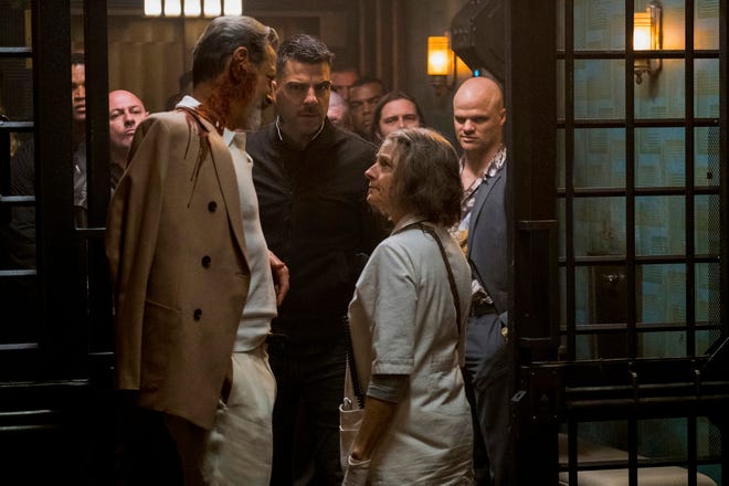 Jeff Goldblum, Zachary Quinto and Jodie Foster in "Hotel Artemis." MUST CREDIT: Matt Kennedy - Global Road Entertainment.