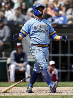 Milwaukee Brewers' Jonathan Villar reacts after hitting a home run against the Chicago White Sox during the seventh inning Saturday, June 2, 2018, in Chicago. [JIM YOUNG/THE ASSOCIATED PRESS]