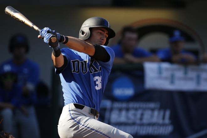 Duke's Joey Loperfido swings during the Blue Devils game against Campbell early in their game that was delayed by rain Saturday. The Blue Devils scored 11 in the ninth inning to rally for the win. [Joshua L. Jones/Athens Banner-Herald]