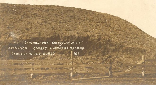 The "world's largest sawdust pile" in Cheboygan, ca. 1910.