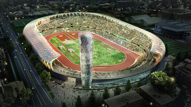 An artist's rendering shows the proposed renovation of Hayward Field, including the nine-story tower that Phil Knight wanted to name in honor of legendary University of Oregon track coach Bill Bowerman.
