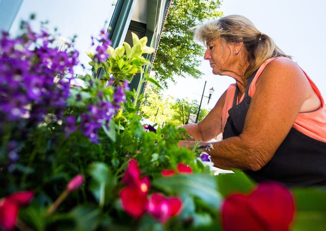 Beth Leonard of Beth's Greenhouse gets her hands dirty planting flowers in front of Main Street Pizza & Deli on Monday afternoon. [Dan Busey/The Dispatch]