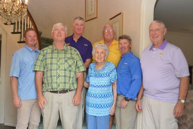 The Bain family of Bunkie has been farming sugarcane for four generations. The family recently endowed a professorship and graduate scholarship with the LSU AgCenter and LSU College of Agriculture to support sugarcane research. Family members pictured are Will Bain, Roger Bain, John Bain, Mary Lou Bain, Edgar Bain, Tommy Webb and Sterling Bain Jr.
