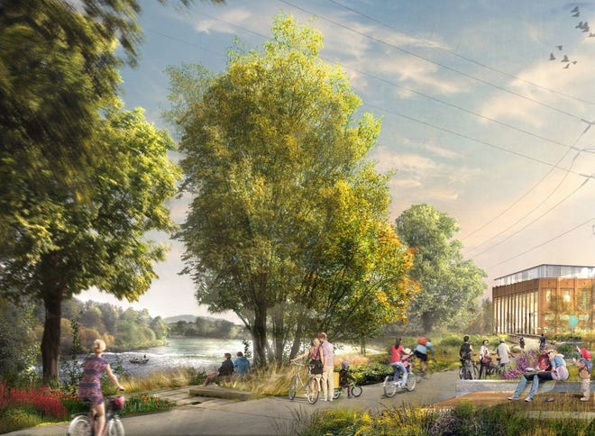An artist rendering shows the proposed 3-acre downtown riverfront park along the Willamette River on former EWEB property. [Rowell Brokaw Architects]