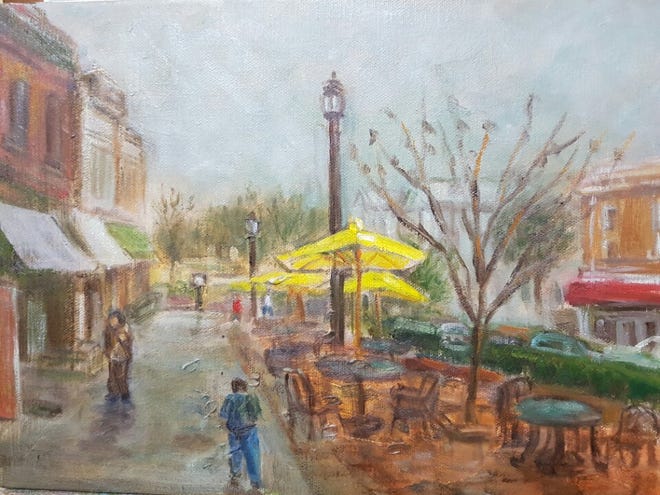 This image of College Square in downtown Athens by Kyekyung "Heggie" Han is one of the works in the Athens Plein Air Artists show "Our Point of View," one of five shows opening at Athens' Lyndon House this week. [Contributed]
