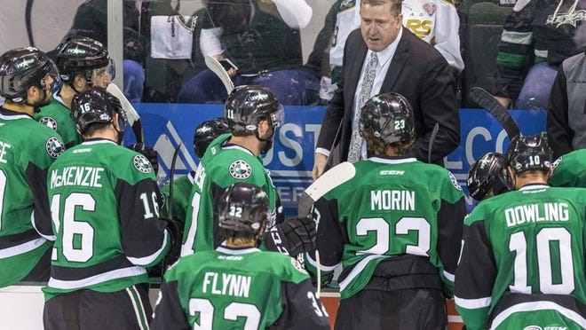 Texas head coach Derek Laxdal speaks to his team during Game 1 in the third round of the Calder Cup playoffs in Cedar Park on May 18. The Stars fell to the Toronto Marlies 2-1 on Tuesday night in the Calder Cup Finals, as the Marlies took a 2-1 series lead in the best-of-seven finals. (Stephen Spillman for American-Statesman)