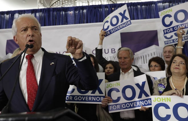 Republican gubernatorial candidate John Cox speaks during an election party Tuesday in San Diego. [Gregory Bull/AP]