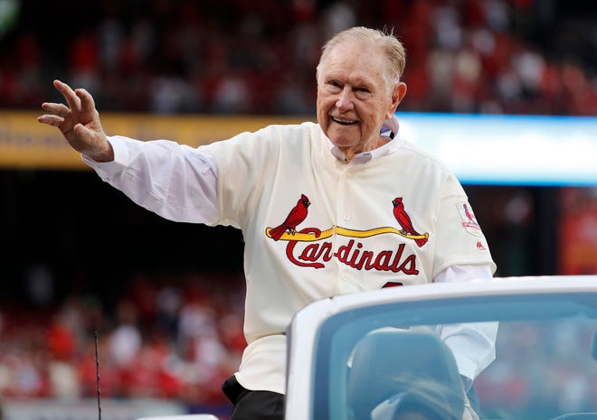 FILE - In this May 17, 2017, file photo, Red Schoendienst, manager of the St. Louis Cardinals' 1967 World Series championship team, takes part in a ceremony honoring the 50th anniversary of the victory, before a baseball game between the Cardinals and the Boston Red Sox in St. Louis. Schoendienst, the Hall of Fame second baseman who managed the Cardinals to two pennants and a World Series championship in the 1960s, died Wednesday, June 6, 2018. He was 95. The Cardinals announced Schoendienst's death before the top of the third inning during their game against the Miami Marlins. (AP Photo/Jeff Roberson, File)