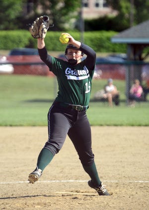 Griswold’s pitcher Maya Waldron fires in a pitch against East Haven during the Wolverines Class M second round win. @Photo Caption:[Aaron Flaum/NorwichBulletin.com]