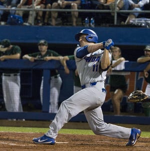 In this June 2 file photo, Florida's Jonah Girand hits a home run against Jacksonville during an NCAA college baseball tournament regional game in Gainesville, Fla. Girand was the surprising MVP of the Gainesville Regional. [CYNDI CHAMBERS/THE GAINESVILLE SUN VIA AP]