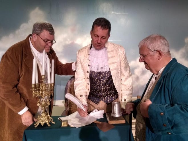 James Simpson, left, Bob Hay as John Hancock, center, and Dan Martin as Benjamin Franklin in "1776" at the Moonlight Players Warehouse Theatre in Clermont through June 24. [CHARLES TRUSCOTT / SUBMITTED]