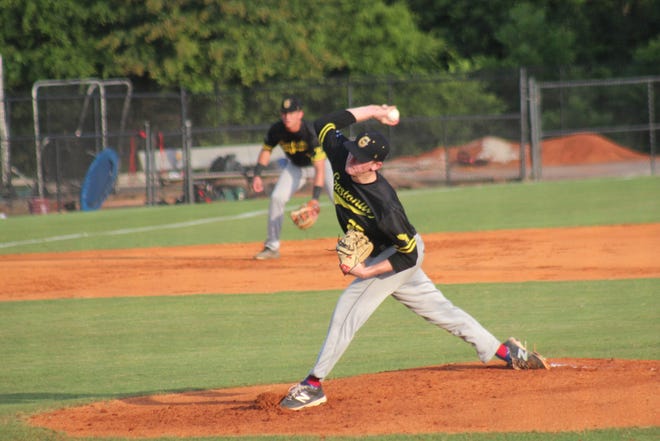 Gastonia Grizzlies starter Jack Anderson hurls a pitch toward home plate during Thursday's game at Forest City. [Taylor Johnson/The Digital Courier]