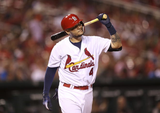 St. Louis Cardinals' Yadier Molina reacts after striking out to end the fifth inning against the Miami Marlins in Wednesday's game in St. Louis. (Chris Lee/St. Louis Post-Dispatch via AP)