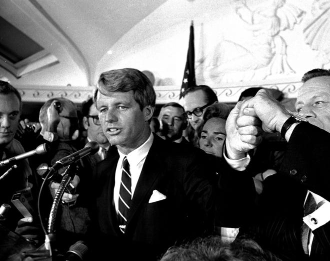 This June 5, 1968 photo, Sen. Robert F. Kennedy speaking at the Ambassador Hotel in Los Angeles, following his victory in the previous day's California primary election. The New York senator was shot just after jubilantly proclaiming victory in California’s Democratic presidential primary election. [ARCHIVE PHOTO]