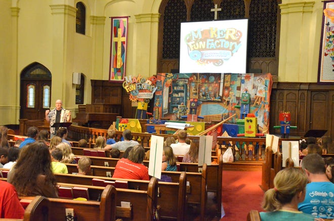 The congregation at Central United Methodist Church will join First Baptist of Shelby in offering vacation Bible school, beginning Sunday evening. Here, children attend last year's event at Central United Methodist in uptown Shelby. [Special to The Star]