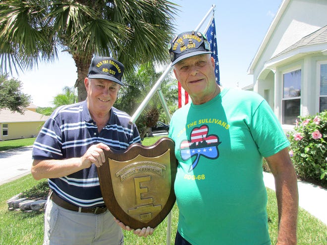 Pete Theis, left, was an ensign and First Division officer in 1965, when the USS The Sullivans was decommissioned, and Carl DePoy was radioman third class from 1962 to 1963. [Submitted]