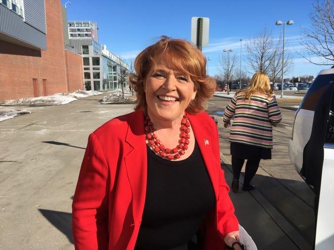 Sen. Heidi Heitkamp, D-N.D., arrives for the state Democratic party convention in Grand Forks, N.D., in March. Heitkamp, in one of the most challenging Senate re-election races this year, mixes pro-Trump record with Democratic leanings, though describing them as non-partisan and not part of Democratic resistance movement. [JAMES MacPHERSON/THE ASSOCIATED PRESS]