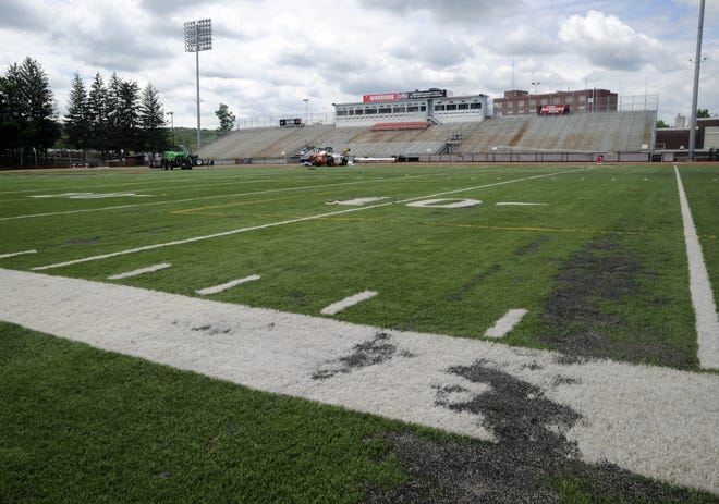 The turf at East Stroudsburg University's Gregory-Douds Field at Eiler-Martin Stadium on Wednesday, June 6, 2018. The field will be replaced with a new one from the same manufacturer, FieldTurf. [KEITH R. STEVENSON/POCONO RECORD]