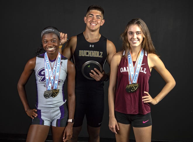 The Gainesville Sun high school track and field athletes of the year: Gainesville's Tamari Davis, left, Buchholz's Derek Akey and Oak Hall's Grace Blair. [Alan Youngblood/Staff photographer]