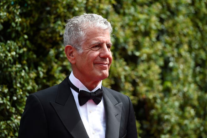 FILE - In this Saturday, Sept. 12, 2015 file photo, Anthony Bourdain arrives at the Creative Arts Emmy Awards in Los Angeles. On Friday, June 8, 2018, Bourdain was found dead in his hotel room in France, while working on his CNN series on culinary traditions around the world. (Photo by Chris Pizzello/Invision/AP)