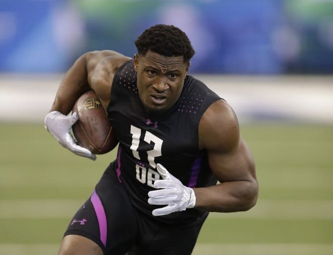 J.C. Jackson runs a drill at the NFL Combine in Indianapolis last March.