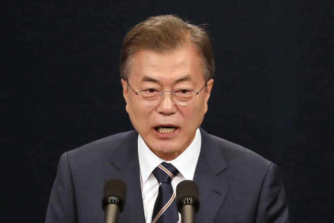 South Korean President Moon Jae-in speaks during a news conference at the presidential Blue House in Seoul. MUST CREDIT: SeongJoon Cho, Bloomberg