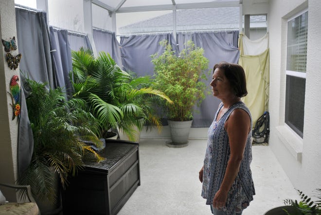 Rhonda Lugo in Arlington Ridge has covered her once peaceful lanai with heavy drapes because of noise and smoke from a nearby wood chip company. Leesburg city commissioners decided Monday that a proposed noise ordinance wouldn't help Arlington Ridge residents by controlling sound coming from the plant. [Tom Benitez / Correspondent]