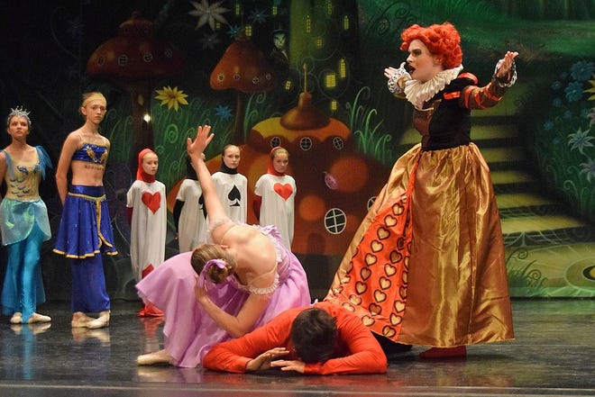 The Queen of Hearts gets angry at Alice and the Knave of Hearts during The Dancers' Studio of Monmouth's ballet production of “Alice in Wonderland.”