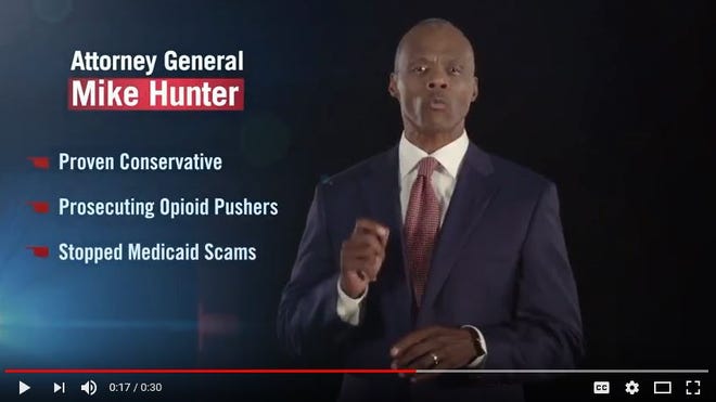 This is a screen grab from a new ad for Oklahoma Attorney General Mike Hunter. Endorsing him is former U.S. Congressman J.C. Watts.