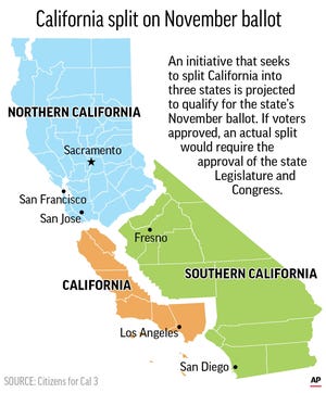 Graphic of the State of California shows the divisions of a proposed initative to split the state into three states. [Associated Press]