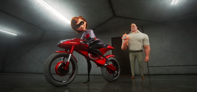 This image released by Disney Pixar shows the character Helen/Elastigirl, voiced by Holly Hunter, left, and Bob/Mr. Incredible, voiced by Craig T. Nelson in "Incredibles 2," in theaters on June 15. (Disney/Pixar via AP)