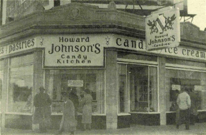 Howard Johnson’s Candy Kitchen retail store at the corner of Hancock Street and Billings Road, Quincy, 1933. Johnson’s candy factory was located on Old Colony Avenue in Wollaston for decades. From Quincy Historical Society Collections.