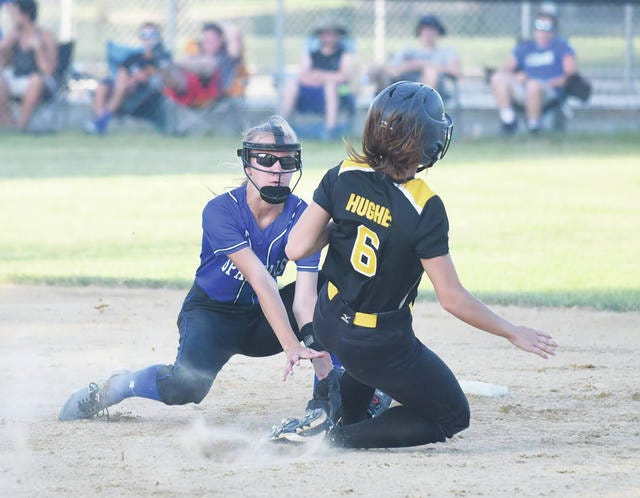 Collins-Maxwell shortstop Alexis Houge tags out BCLUW’s Olivia Hughes after receiving a great throw from catcher Hannah Caple to catch Hughes trying to steal during the Spartans’ 6-0 victory over the Comets June 5 at Collins.
