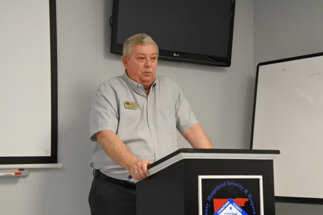 Crawford County Judge Dennis Gilstrap speaks during the Crawford County E-911 Advisory Board meeting Tuesday, June 12, 2018. [THOMAS SACCENTE/TIMES RECORD]