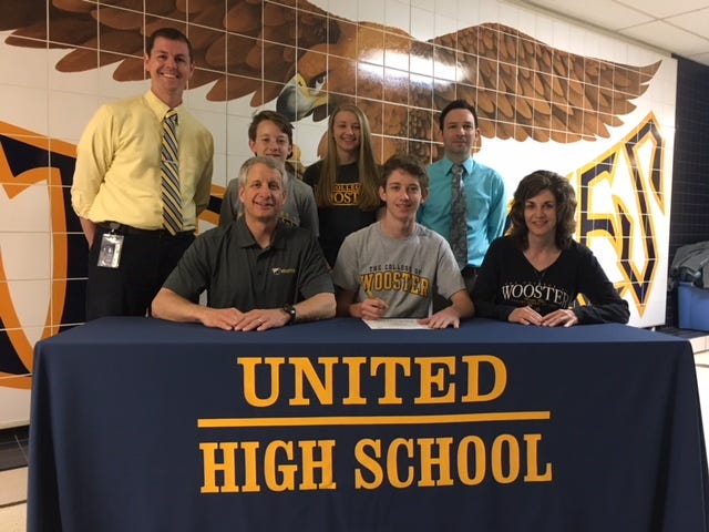 Jonathon Logan from United High School will continue his soccer career at the College of Wooster. Logan started and lettered all four years at United. He was selected to the YDSSCA second team as a sophomore, first team as a junior, and the EOAC first team and All-Ohio second team as a senior. During his senior year he led United to its first Division III district championship with a school-record 55 goals and 11 assists. He also holds the career record with 103 goals. He is pictured with (front) Sean Logan and Melissa Logan and (back) Curtis Jones, Matthew Logan, Julianna Logan and Matt Fowler.