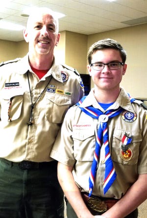 Donald Clark Bowman with Scoutmaster Charles Gallman at his Eagle Scout ceremony. [SUBMITTED PHOTO]
