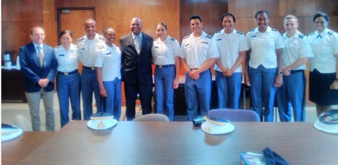 District Attorney Michael Jackson, fifth from left, with West Point cadets and staff in the Dallas County Courthouse in Selma. [Submitted photo]