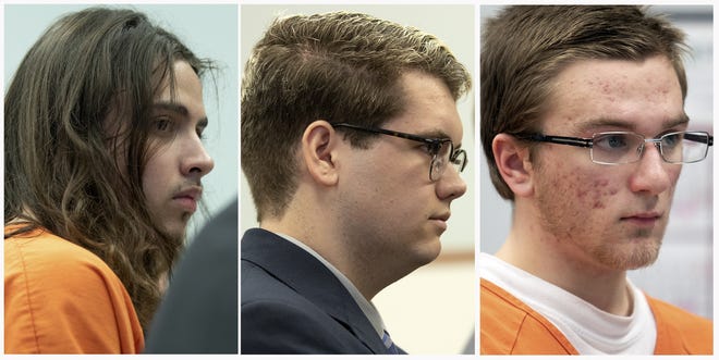 Three Knoxville teens charged with conspiring to kill Nathan Goehl earlier this month and stabbing him in his Monmouth Boulevard home made court appearances Monday afternoon. Matthew D. Hale, left, Bradley P. Detmers, center, and Hayden T. Clark, right, were all indicted in the conspiracy to commit first-degree murder and attempted first-degree murder case late last week. [STEVE DAVIS/The Register-Mail]