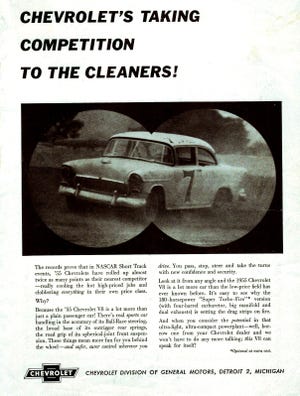 Chevrolet made it clear through advertising like this that the 1955 Chevy was the hot one, with a new 265-inch V8 under the hood. Organized racing took hold in 1955 as manufacturers knew that “win on Sunday, sell on Monday” really worked. [Chevrolet]