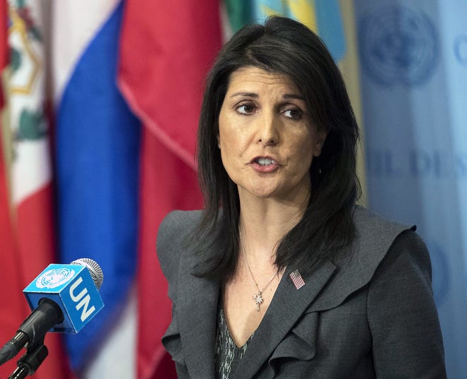 In this Jan. 2 file photo, United States Ambassador to the United Nations Nikki Haley speaks to reporters at United Nations headquarters. Haley says the U.S. is withdrawing from UN Human Rights Council, calling it “not worthy of its name.” [MARY ALTAFFER/ASSOCIATED PRESS]