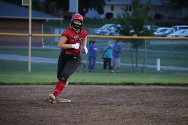 A-D-M senior Ashley Tennant after hitting one of three home runs against Perry on Wednesday, June 13. PHOTO BY LIBBIE RANDALL/DALLAS COUNTY NEWS