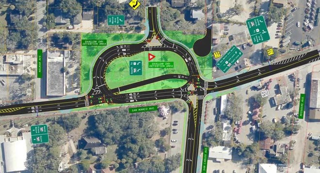 This is the HAWK (High-intensity Activated crossWalK) redesign of the intersection of San Marco Avenue, West San Carlos Avenue and May Street being done in St. Augustine. It is one of a number of state road projects slated for the center of the historic city through 2019. [Florida Department of Transportation]